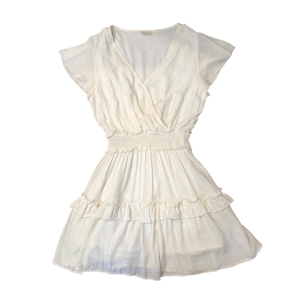 Peach Love California Cream Boho Cottage Swiss Dot Smocked Tiered Mini Dress M